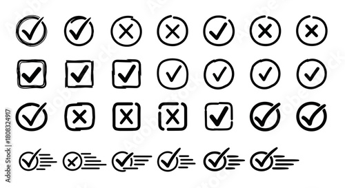 Check mark and x icons vector set for correct and incorrect choices
