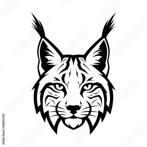 Detailed Black and White Lynx Head Illustration with Striking Facial Features.