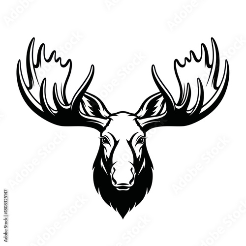 Monochrome vector illustration of a majestic moose head with large antlers.