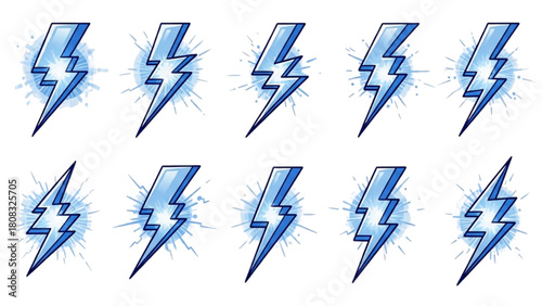 Stylized set of blue cartoon lightning bolt icons with an electric energy flash effect