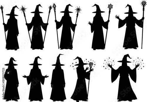 “Silhouette wizard characters casting magical spells with staffs and hand gestures, fantasy mage illustration set for mystical design, enchanted artwork, vector graphics collection”