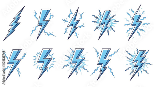 A collection of stylized blue lightning bolt icons representing electricity and power