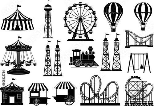 Amusement park attraction silhouettes featuring ferris wheel, roller coasters, carousel, hot air balloons, circus tents, and carnival food carts in detailed vector illustration design