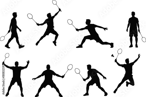 WebBadminton player silhouette set featuring dynamic action poses, athlete movements, racket sport exercises and competitive training moments, ideal for sports vector illustrations