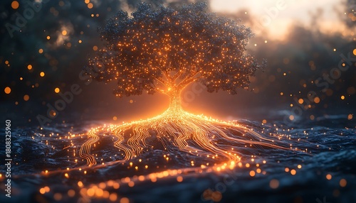 Illuminated tree with glowing roots and floating lights in dark landscape orange