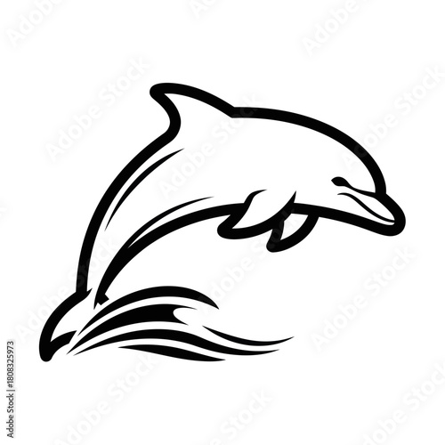 Dolphin leaping from the ocean waves in a dynamic black and white illustration.