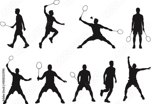 Badminton player silhouette vector set showing various action poses, athletic movements and sports training concepts, ideal for fitness illustrations, dynamic activity design elements