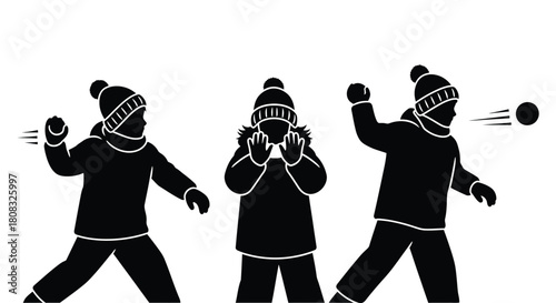 Children playing snowball fight winter fun vector illustration art