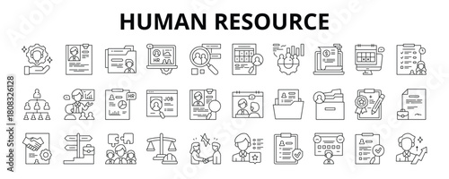 30 Human Resource Line Icons Vector - Talent Management, Staff Directory, Payroll System, Staff Training, Interview Schedule, Work Contract 