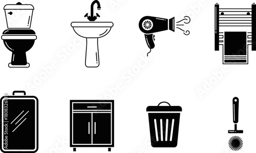 Bathroom interior and hygiene icons set, vector illustration featuring toilet, sink, mirror, cabinet, hair dryer, towel rack, trash bin, cleaning brush for home design