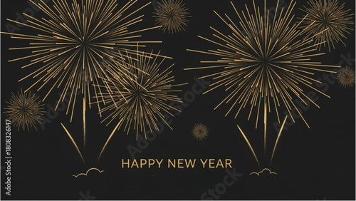 Elegant golden fireworks display for a Happy New Year celebration on a dark background