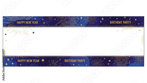 Festive blue and gold celebration banner template with fireworks for parties and holidays
