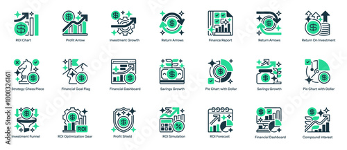 Return On Investment Set Line Icon, Outline Symbol for Financial Performance, Business Profitability, Data Analysis, Strategy Planning, and Value Measurement. Vector Sign Icon.