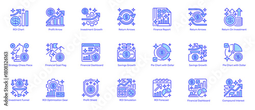 Return On Investment Set Line Icon, Outline Symbol for Financial Performance, Business Profitability, Data Analysis, Strategy Planning, and Value Measurement. Vector Sign Icon.