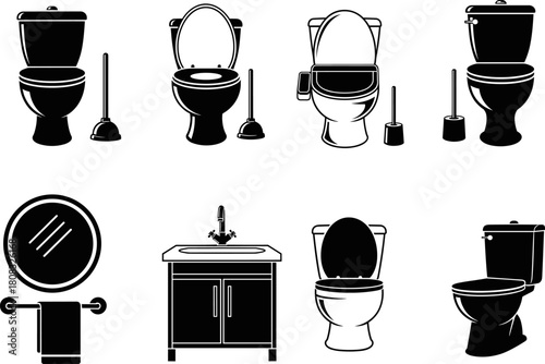 Bathroom toilet icons collection featuring modern restroom fixtures, plumbing tools, sink vanity and hygiene accessories in clean black silhouette style for professional vector illustration use
