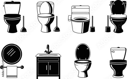 Bathroom toilet icons set featuring modern restroom fixtures, plunger tools, sink vanity and round mirror in clean black silhouette style for vector illustration use