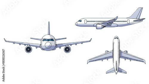 Passenger airplane illustration set showing front, side, and top view perspectives