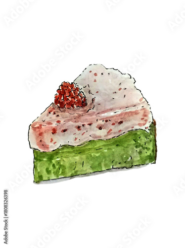 matcha strawberry cheesecake hand drawing watercolor illustration