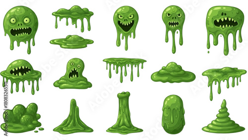 Green slime monsters, blobs, and dripping goo, spooky cartoon characters