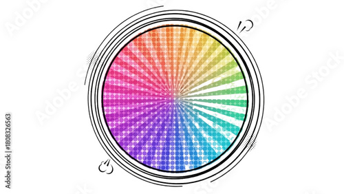 Vibrant rainbow color wheel with a hypnotic spiral pattern and a hand-drawn circular frame
