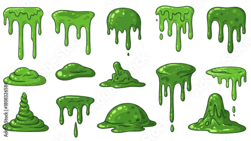 A collection of cartoon green slime drips, toxic goo puddles, and slimy splatters vector set