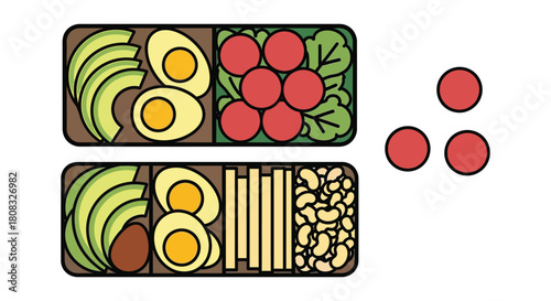 Healthy meal prep ideas with avocado eggs and cherry tomatoes