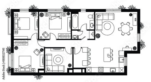 Apartment floor plan with bedrooms living room and kitchen design