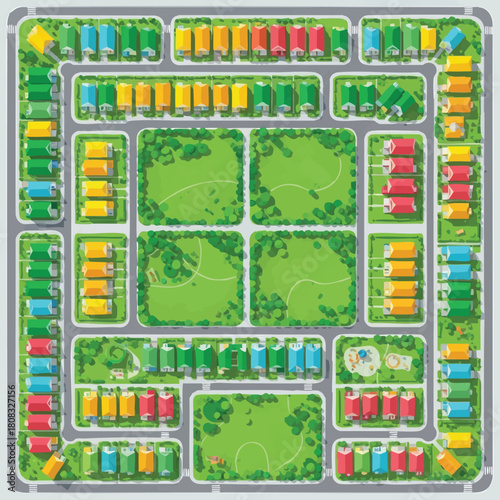 An aerial view showcases a colorful and organized residential neighborhood with houses, roads, parks, and recreational areas creating a vibrant community.