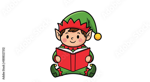 Cute Christmas Elf Reading a Book Illustration.