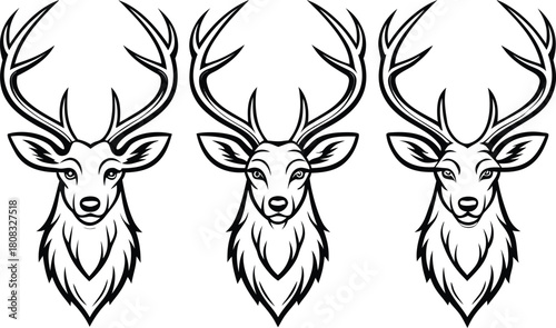 Deer Head Illustration Set. Deer Head Outline Collection. Stag Head Line Art. Wild Deer Head Design. Elegant Deer Outline Set. Animal Head Drawing Pack. Forest Deer Artwork Series. Deer Silhouette