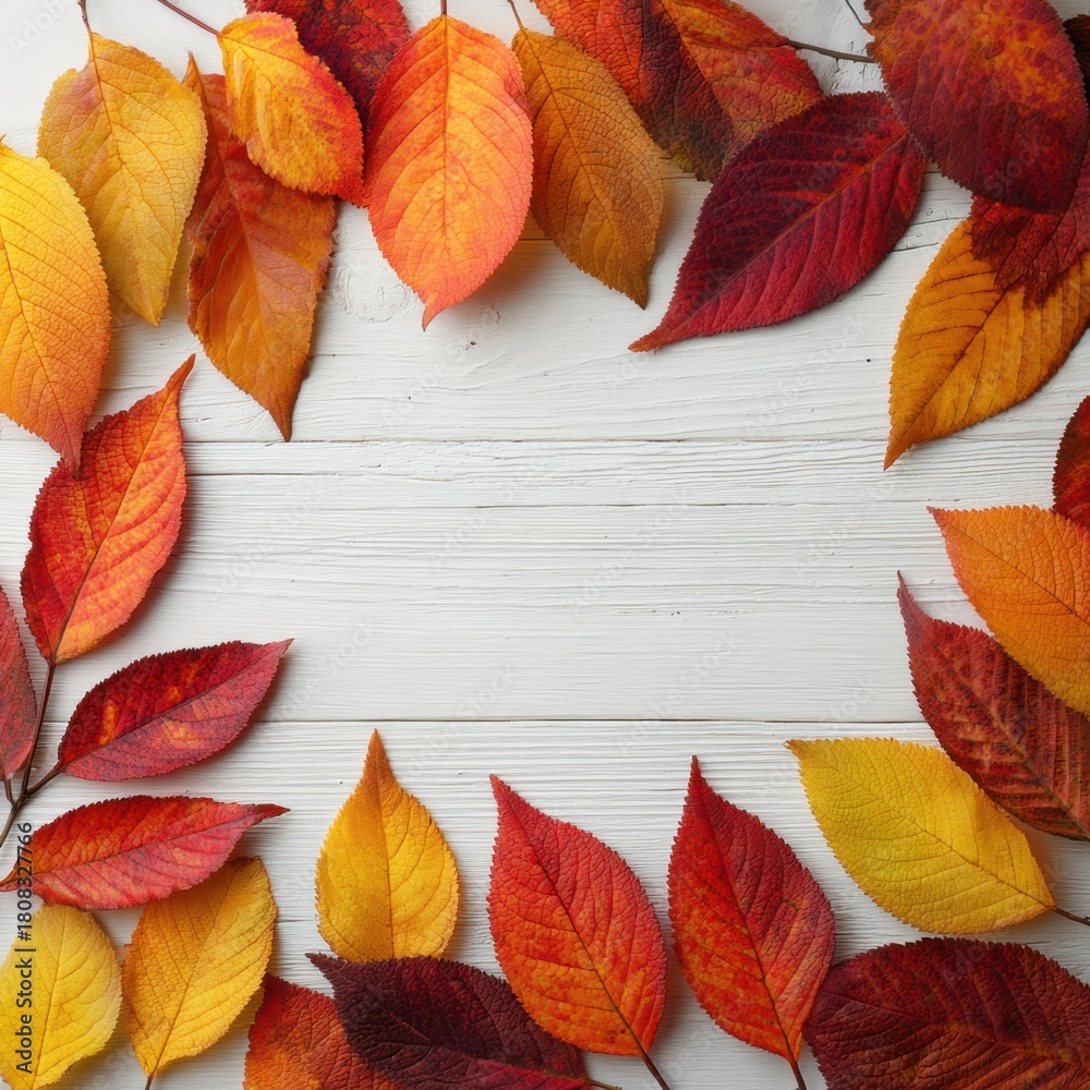 Obraz premium Bright fall leaves in shades of red, orange, and yellow create an inviting circular display on a white wooden surface, showcasing the beauty of autumn.