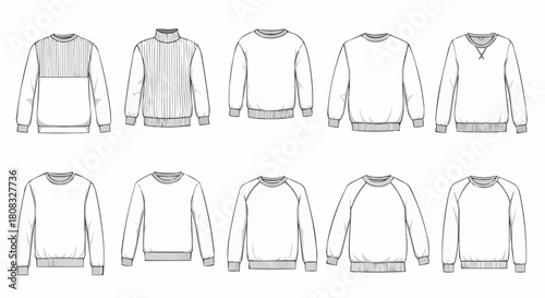 Collection of various blank sweatshirts in different styles for design.