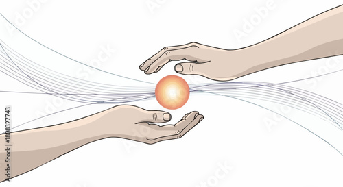 Two hands gently holding a glowing orb with energy waves flowing around it.