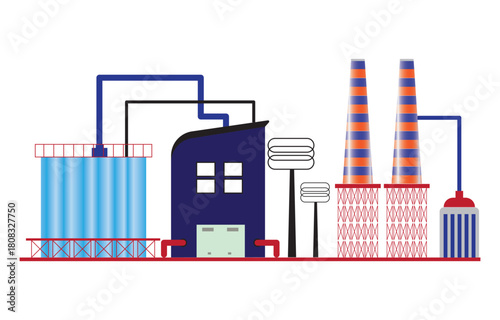 Print Industrial Plant, Vector Graphics, Color Blocking, Smoking Chimneys, Storage Tanks, Manufacturing, Heavy Industry, Flat Design, Corporate Illustration, Energy Sector, Factory Building, Chemical 
