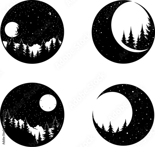 Vector illustration of four full moon silhouettes 