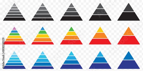 Levels of triangular pyramid. Half triangle pyramid chart. Maslow layer diagram. Development level infographic. Business graph. Vector illustration isolated on white background. Colorful Pyramid Icon.