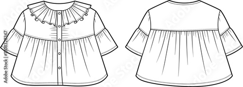 Baby girl ruffle collar blouse technical flat sketch, featuring button placket, bell sleeves, gathered yoke, front and back view, isolated vector illustration template.