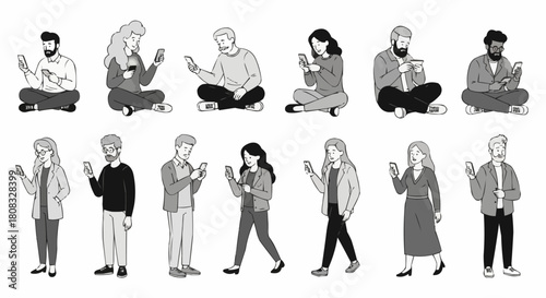 Diverse group of people engrossed in their smartphones in various poses.