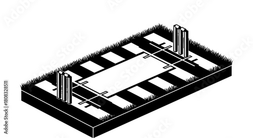 Isometric cricket pitch illustration black and white vector art
