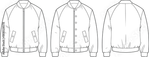 Bomber jacket front and back view, zipper and button closure, flap pockets, ribbed trim, fashion sketch, garment template, apparel design, technical illustration