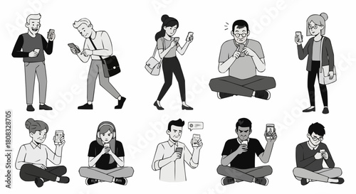Set of diverse people characters using their smartphones.