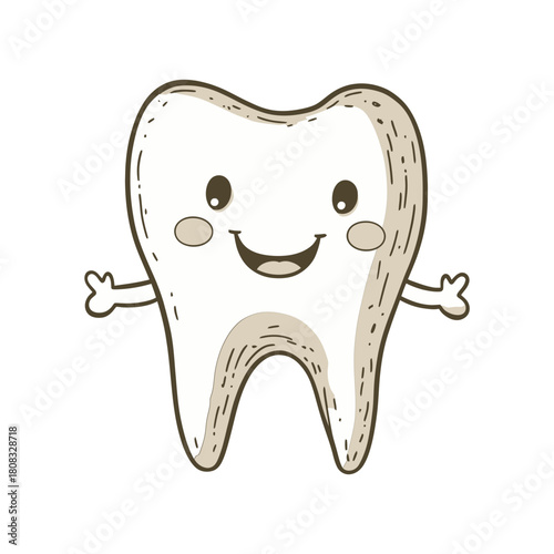 Cute, hand-drawn cartoon molar tooth mascot with a happy smiling face and outstretched arms. Ideal for dental, health, pediatric, or educational sites and blogs.