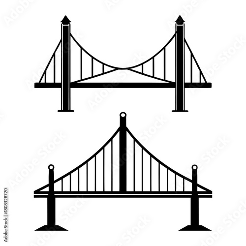 Collection of two suspension bridge silhouettes with towers, roadways, architectural design, engineering structure, and illustration design