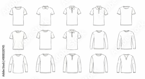 Collection of various mens t-shirts and long-sleeved shirts in outline style.