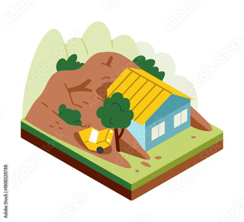 Flat isometric landslide scene. House and vehicle buried by hill collapse. Vector illustration isolated on white background
