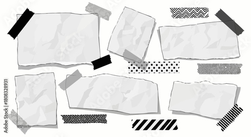 Collection of blank torn paper sheets with decorative adhesive tape.