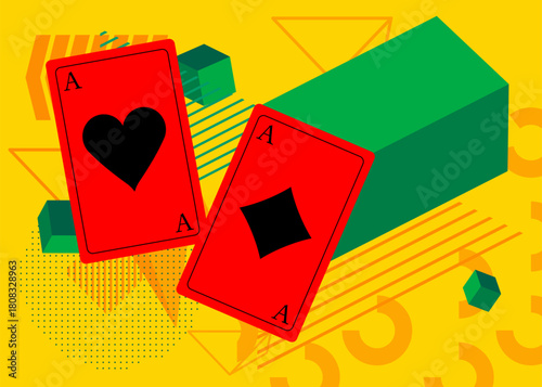 Poker Playing Card geometrical graphic retro theme background. Minimal geometric elements. Vintage abstract shapes vector illustration.
