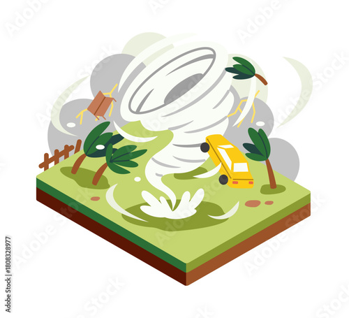 Flat isometric tornado disaster scene. Flying car and debris in storm funnel. Illustration isolated on white background 