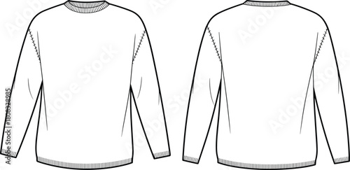 Crew neck sweater front and back view, ribbed cuffs and hem, shoulder seam detail, fashion sketch, garment template, apparel design, technical illustration