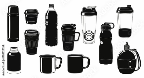 Collection of various drink containers in black and white.